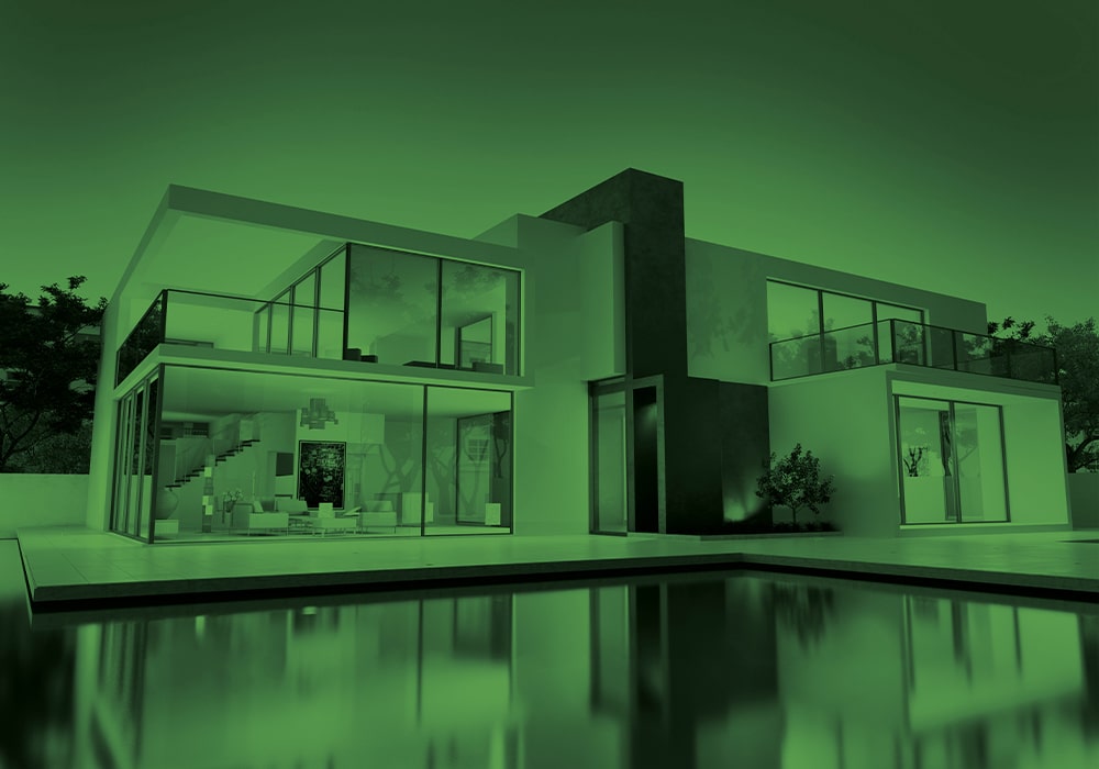 Modernes Haus mit Pool mit grünem Stich